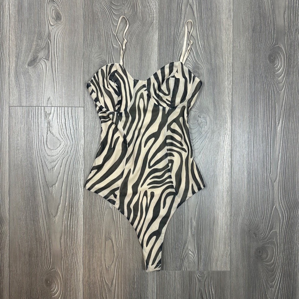 bar III Cream and White Zebra Print‎ Bodysuit - SIZE XXS Mesh Overlay Bold Party